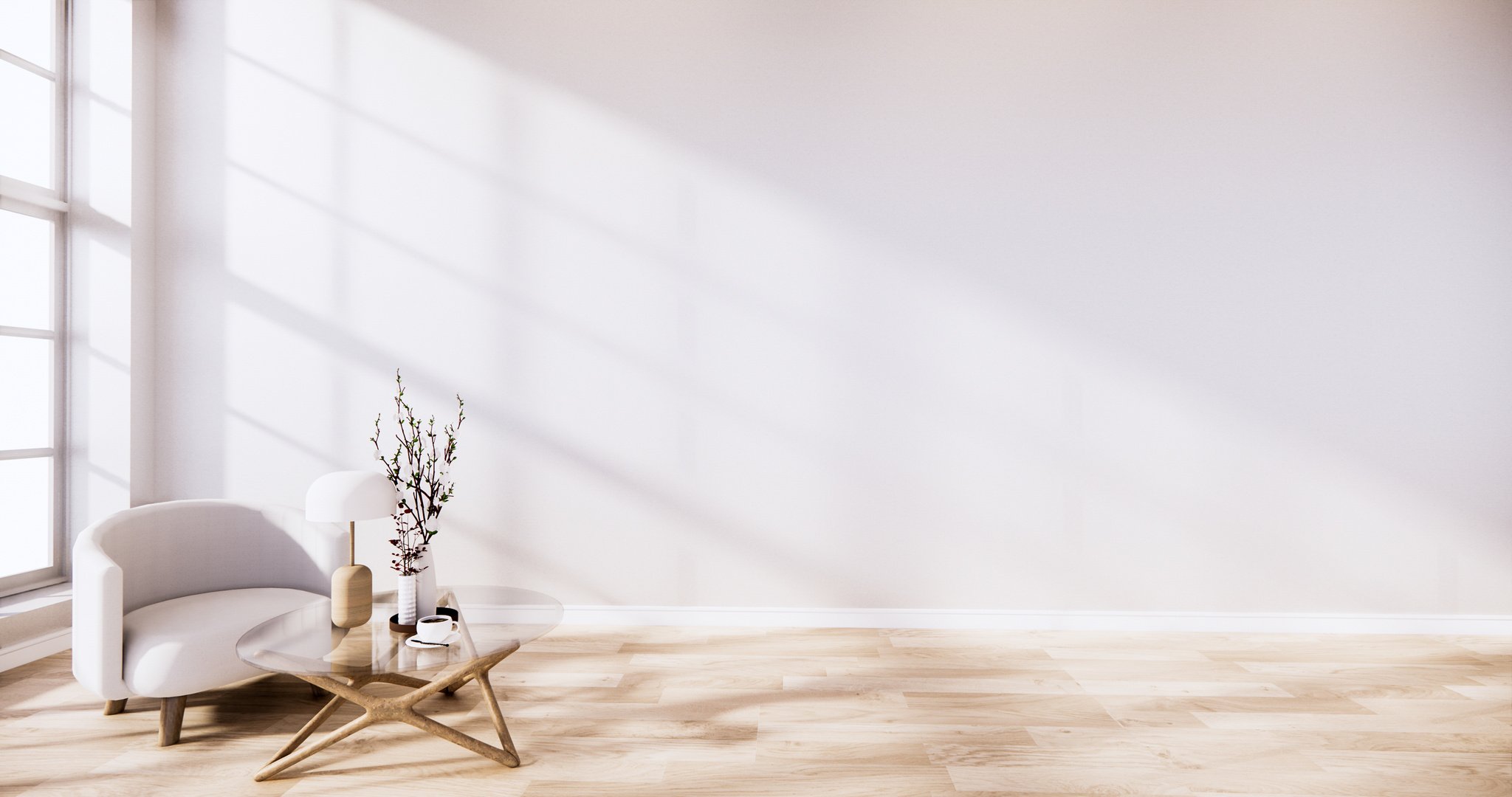 Armchair with Glass Table on White Wall